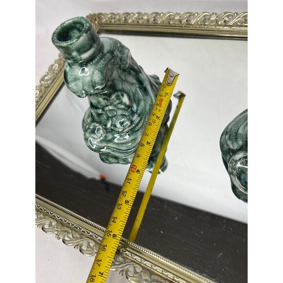 Vintage Pair of Unique Mid century Handmade Green Ceramic Candlestick Holders - Picture 8 of 10